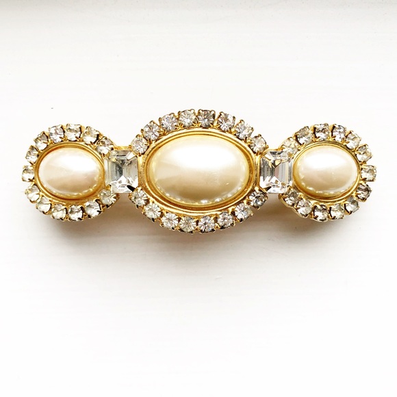 Vtg New Antique Gold Tortoise Shell W Pearl Well Made Hair Barrette French Clip